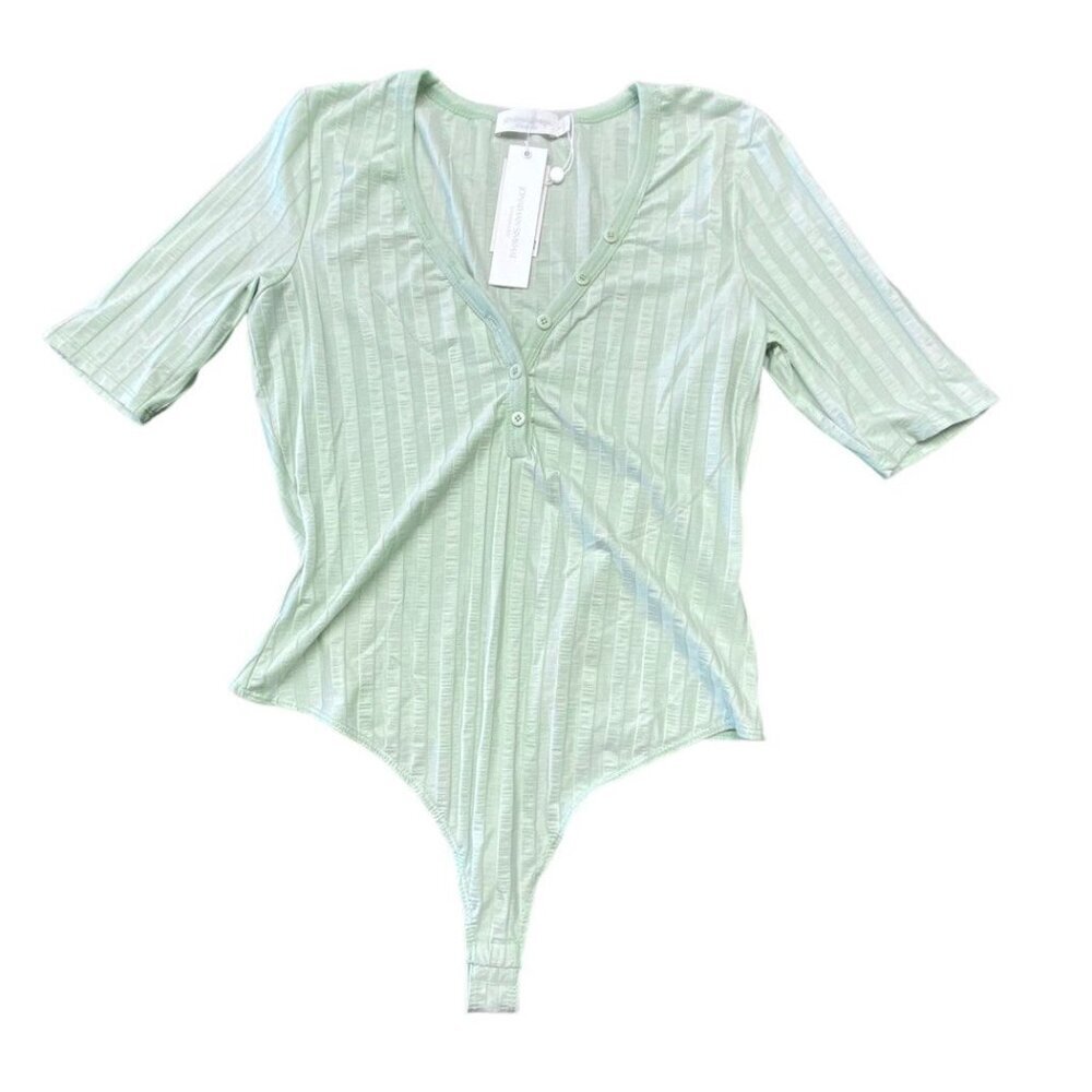 JONATHAN SIMKHAI XS Bodysuit Connie Button Front V-Neck Lichen Green Luxury